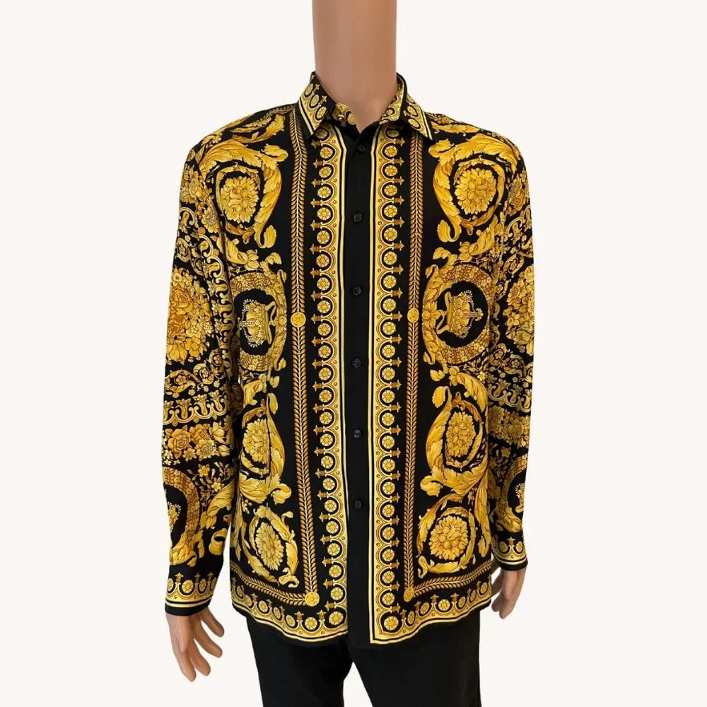 VERSACE BARROCCO SILK TWILL SHIRT IN BLACK + GOLD - Picture 2 of 8